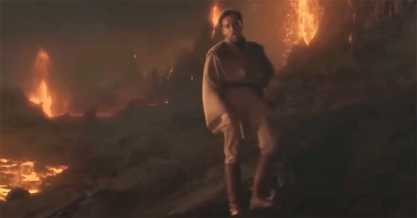 Obi-Wan Kenobi walking away after his duel with Anakin Skywalker on the volcanic planet Mustafar in "Revenge of the Sith"