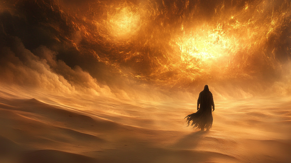 Silhouetted figure in a robe walking across a vast desert under a stormy, fiery sky, evoking themes of sacrifice, destiny, and isolation.