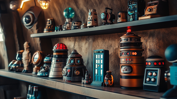 "Doctor Who" collectibles and TARDIS models arranged on shelves in a themed display room.