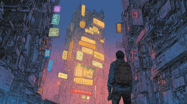 Man in cyberpunk cityscape facing neon-lit tower at dusk.