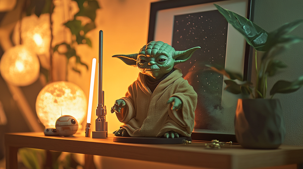 Yoda collectible figure on a wooden shelf with a lightsaber replica, BB-8 toy, and space-themed décor in warm ambient lighting.
