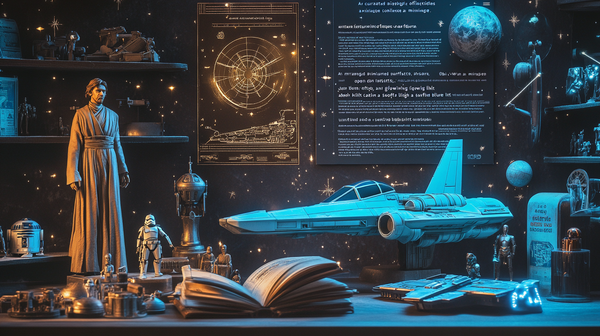 Display of Star Wars figures, ships, and books on a galactic-themed shelf.