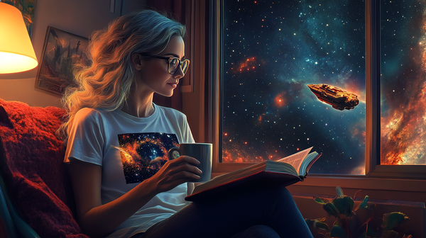 Sci-fi loving mother reading a book by a starry window, wearing a science fiction t-shirt and holding a coffee mug, with a spaceship outside.