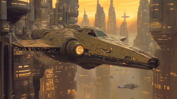 Concept art of a futuristic starship flying through a towering cityscape at sunset, in the style of Ralph McQuarrie for "Star Wars"