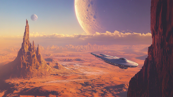 The USS Enterprise from "Star Trek" flies over a red alien landscape with towering rock formations and distant moons, symbolizing unexplored worlds and vanished civilizations.