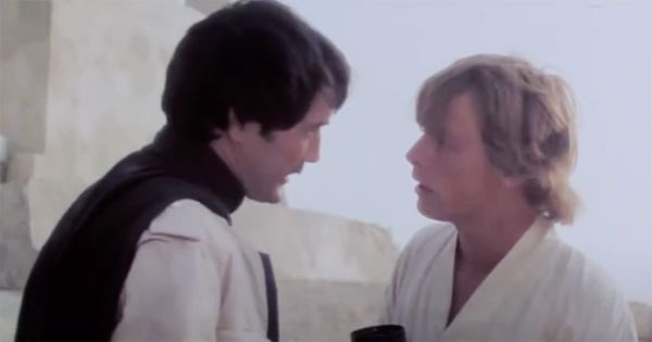 Luke Skywalker and Biggs Darklighter talking outside Tosche Station in deleted scene from "Star Wars" (1977).