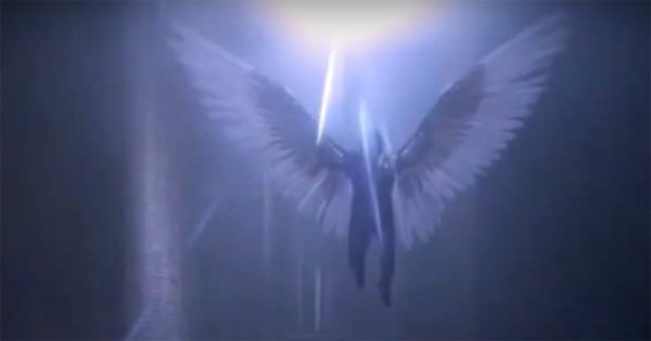 Sam Lowry, wearing a winged metal suit, soars upward into a beam of light between towering concrete walls in a surreal dream sequence from the 1985 film "Brazil."