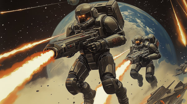 Futuristic soldiers in powered armor with jetpacks descending through space toward Earth while firing weapons.