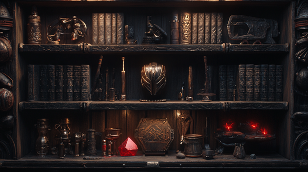 Wooden display shelf featuring warrior-themed items including ancient books, metal weapons, a battle helmet, red glowing crystals, and ceremonial artifacts in a dark, tribal sci-fi style.