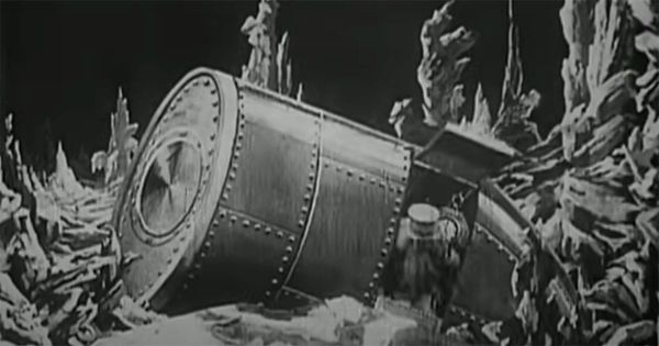 Rocket capsule on the Moon in the first science fiction film "A Trip to the Moon" from 1902.