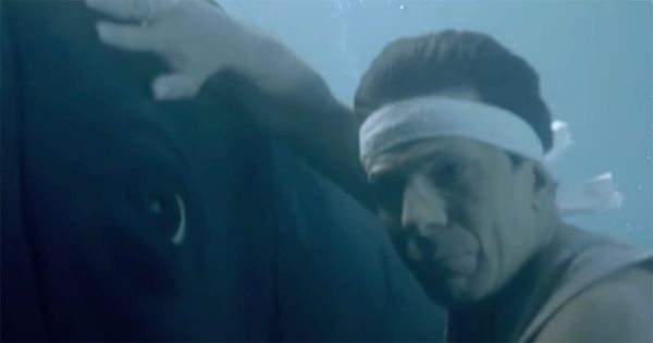 Spock underwater touching a humpback whale in "Star Trek IV The Voyage Home", symbolizing the film’s environmental message and emotional core.