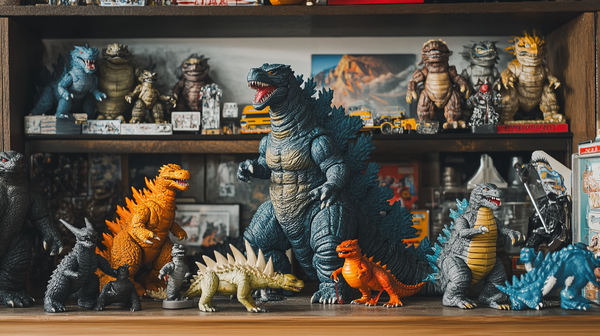Godzilla action figures and kaiju toys displayed on wooden shelves, showcasing various designs, colors, and eras.