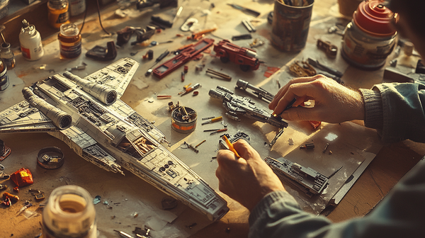 Hands assembling detailed sci-fi model kits on a cluttered workbench with tools, paint, and parts scattered around.