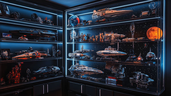Illuminated display case filled with detailed science fiction spaceship models, action figures, and collectibles on glass shelves with starry background.