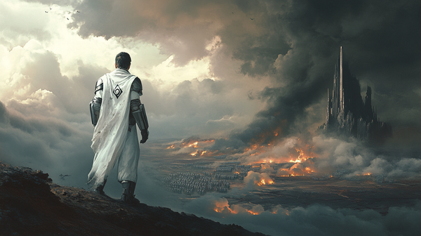 A lone futuristic commander in white uniform overlooking a burning alien city with storm clouds and legions assembled below