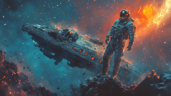 Rugged man in torn space suit standing on rock with wrecked spaceship behind him and fiery starfield, symbolizing strength and determination in deep space