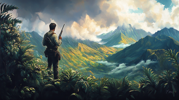 A rugged man with a rifle overlooking an alien jungle valley under stormy skies, painted in a realistic, brush-textured style.