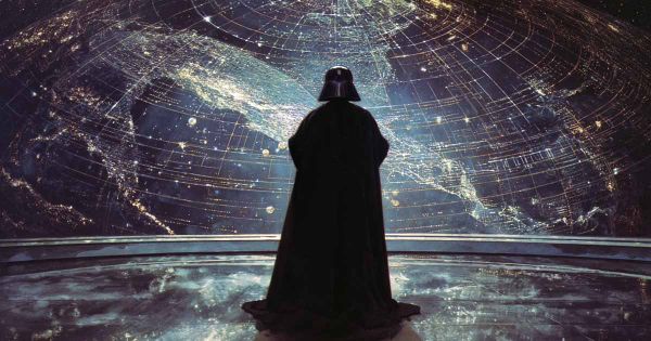 A Sith Lord in black robes standing before a massive galactic map, hands clasped behind his back, low lighting and dramatic shadows.