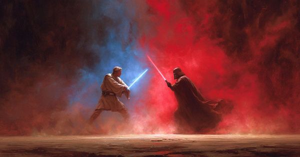Luke and Vader fighting with lightsabers.