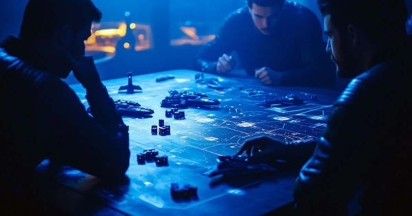Three players at a futuristic tabletop game with starships dice and glowing starmap inspired by Star Trek strategy games.