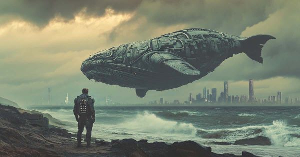A lone cybernetic man faces a massive biomechanical whale over stormy seas, with a decayed futuristic city in the background.