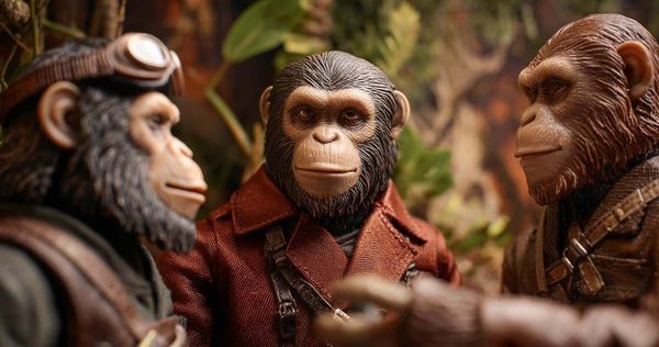 Close-up of three detailed Planet of the Apes action figures posed in a jungle diorama, evoking a serious discussion among the characters.