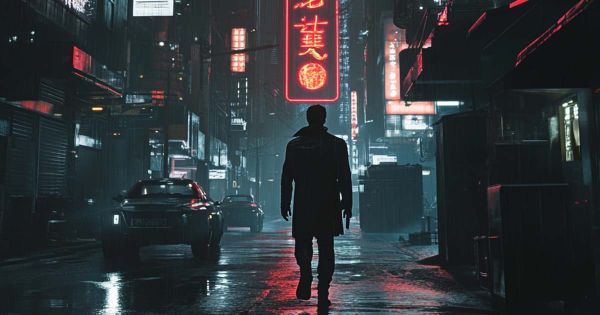 Blade Runner-themed gift collection concept with silhouetted figure in neon-lit rainy street at night.
