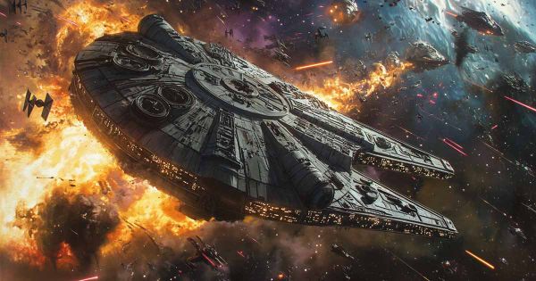 Millennium Falcon flying through explosive space battle with TIE fighters and Rebel ships in dramatic John Berkey-style artwork.
