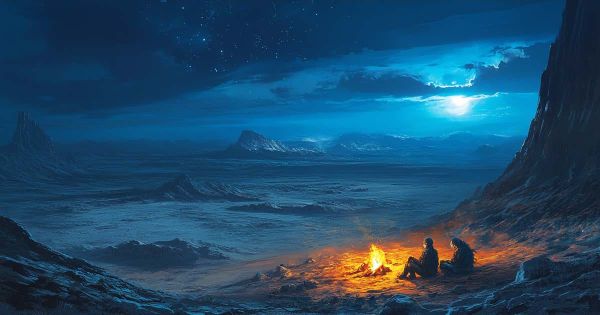 Alien desert landscape with a human and reptilian figure sitting by a campfire under a starry blue night sky