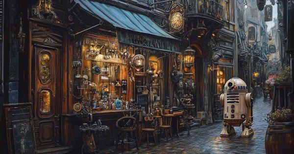 R2-D2 astromech droid standing on a cobblestone street outside a steampunk-style shop filled with vintage machinery and glowing lanterns.