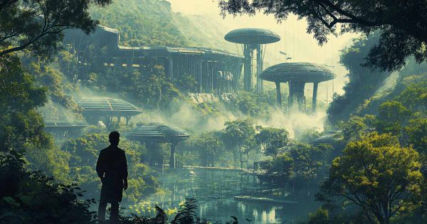 A man in 1970s clothing stands before a futuristic ecological city nestled in a lush forest, with mist and advanced structures blending into nature.