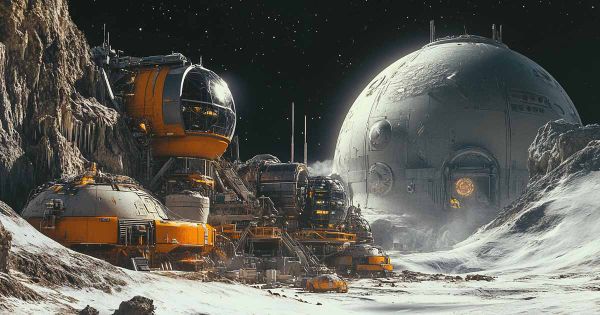 Futuristic lunar colony with domed habitats and industrial machinery on a barren Moon landscape, in the style of Chris Foss.