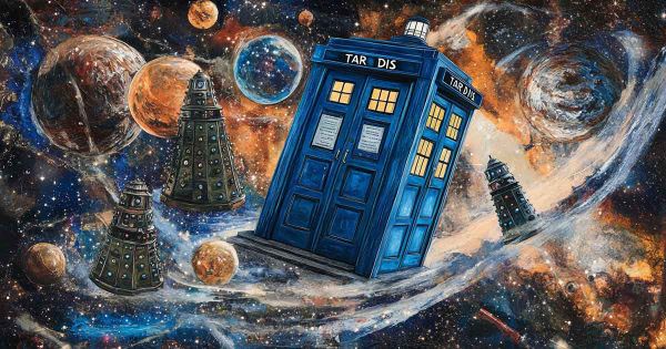 Illustrated Doctor Who scene in a Richard M Powers-inspired style, featuring the TARDIS floating in a vibrant space landscape with swirling galaxies, planets, and Daleks.
