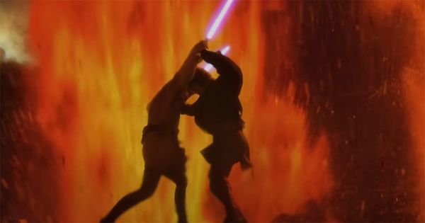 Obi-Wan Kenobi battles Anakin Skywalker on the volcanic planet Mustafar in "Revenge of the Sith," with erupting Mount Etna providing real lava footage for the background.
