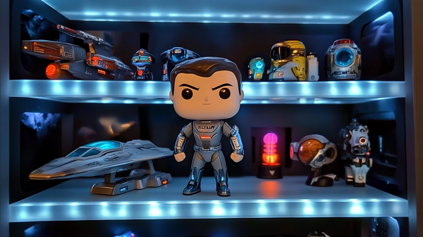 Collector shelf with Funko Pop figure and sci-fi props inspired by "Galaxy Quest" (1999).