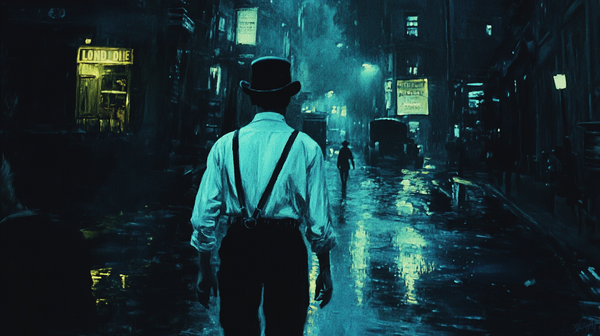 Man in white shirt and suspenders walking through a rainy, dimly lit 1960s London street at night, evoking the atmosphere of A Clockwork Orange