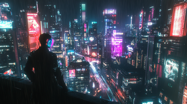 Cyberpunk cityscape at night with neon lights, holographic ads, and a lone figure overlooking a futuristic skyline inspired by Neuromancer