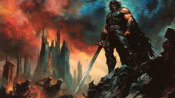 Illustration of a muscular warrior with a sword standing atop ruins, in the style of Frank Frazetta, with a red stormy sky and mutants in the background.