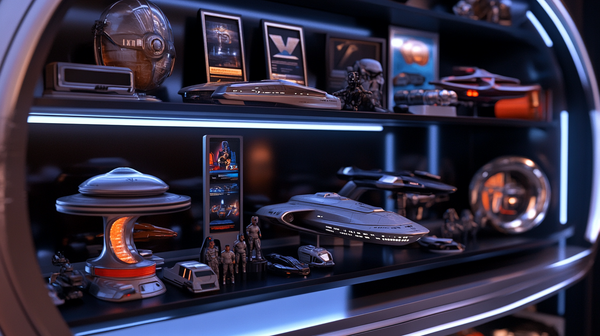 Shelf display of Star Trek models, memorabilia, and collectibles with futuristic lighting and detailed starships.