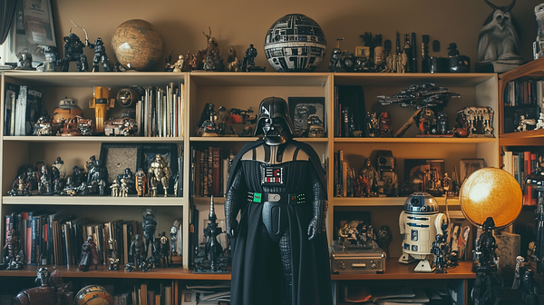 Star Wars collector’s room with Darth Vader statue, R2-D2 model, action figures, and memorabilia on wooden bookshelves.