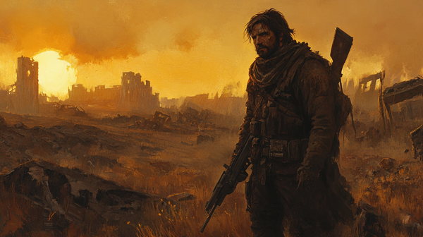 Marty Reed stands on the right side of a post-apocalyptic cityscape at sunset, gripping a rifle and facing the wreckage with silent resolve.