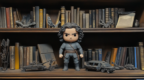 Bookshelf display with Dune-themed collectibles including a Paul Atreides figure, ornithopter models, and sci-fi vehicles arranged among vintage books.