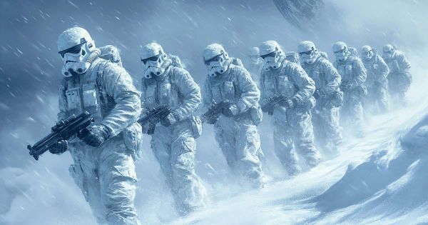 Rebel soldiers advancing through blizzard on Hoth, based on real Norwegian Red Cross volunteers in "The Empire Strikes Back."