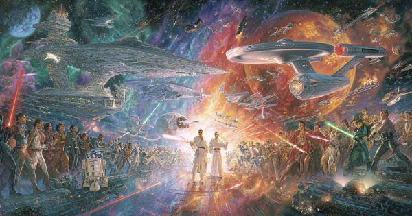Epic sci-fi crossover artwork showing Star Wars and Star Trek characters and ships engaged in a massive intergalactic battle scene.