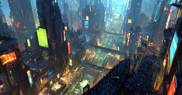 Futuristic megacity at night with towering skyscrapers, neon billboards, and dense crowds viewed from above.