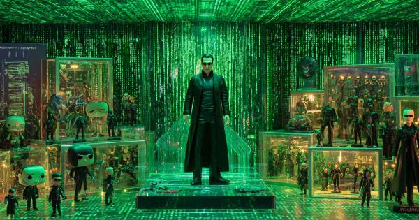 The Matrix collectibles display featuring Neo action figure, Funko Pops, and green digital code backdrop.