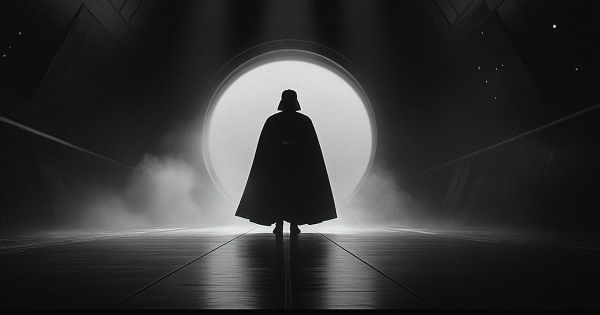 Darth Vader silhouette walking through a circular doorway on the Death Star, surrounded by shadows and mist.