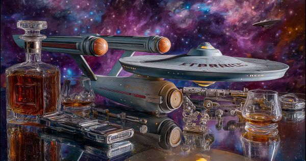 Star Trek featured image with USS Enterprise model, communicator, whiskey decanter, and glasses against a galaxy background.