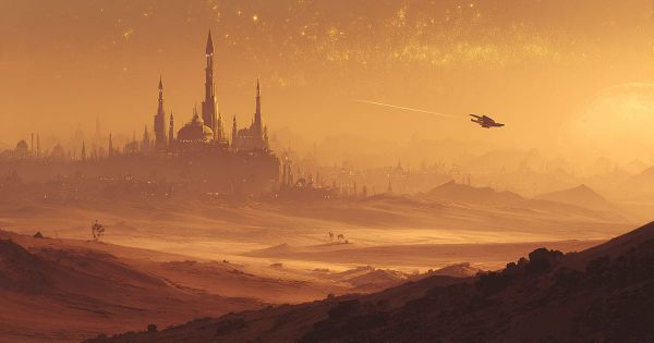 Dune Arrakis desert city skyline with Ornithopter flying under golden festive sky.