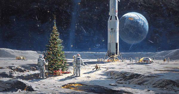 Lunar scene with astronauts in spacesuits celebrating Christmas beside a decorated tree, Saturn V rocket in the background, and Earth rising over the horizon.